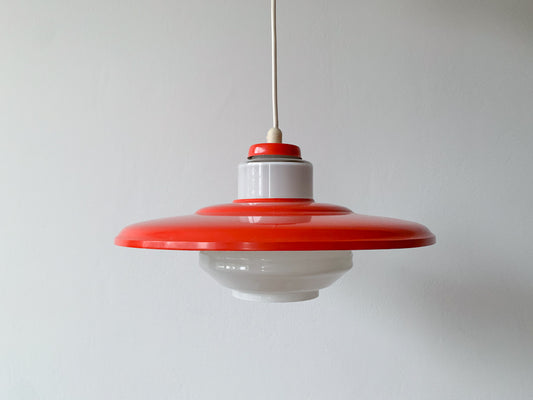 Vibrant vintage pendant Lynx lamp, milk glass and metal. 1970s Finland