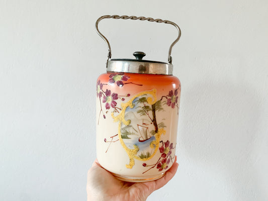 Opal glass hand-painted cookies jar chinoiserie Sweden 