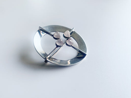 Silver Modernist Brooch with 4 Rose Quartzes, Salovaara jewelry, 1966 Finland