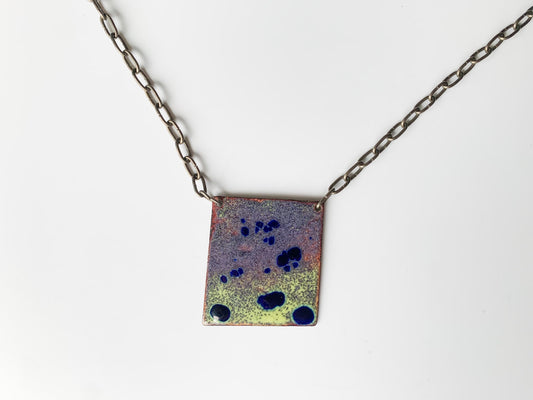 Vintage brutalist enamel copper pendant with necklace, Finland 1970s