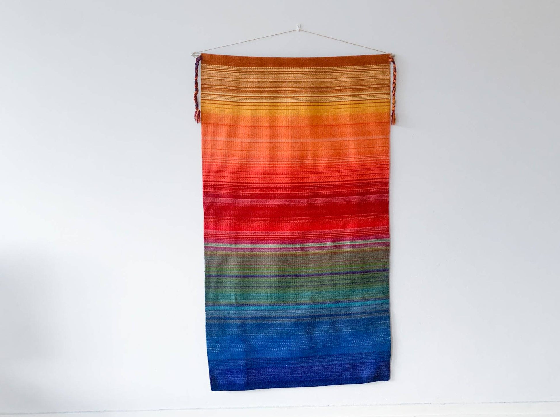 Midcentury handmade vintage rug tapestry blanket Rainbow, Lapland Finland, 1970s